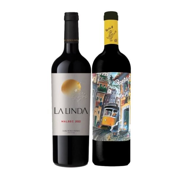 kit de 2 garrafas de vinhos tintos, la linda malbec e porta 6 tinto