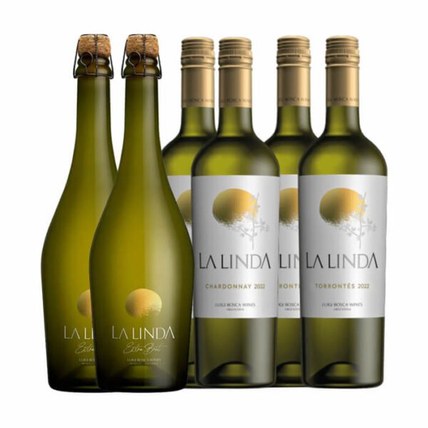 caixa com 6 garrafas la linda, espumante extra brut la linda e Chardonnay La Linda